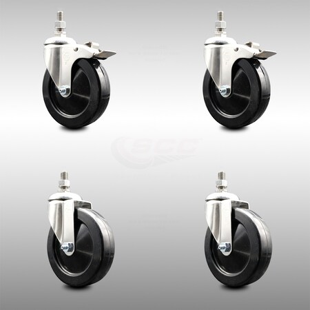 Service Caster 5 Inch 316SS Soft Rubber Swivel 3/8 Inch Threaded Stem Caster Lock Brake, 2PK SCC-SS316TSTTL20S514-SRS-381615-2-S2